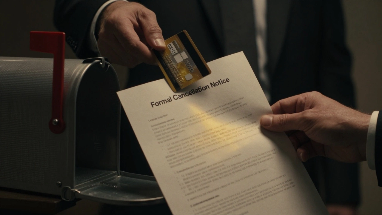 A cancellation letter being mailed as a shadowy figure attempts to block a credit card transaction.