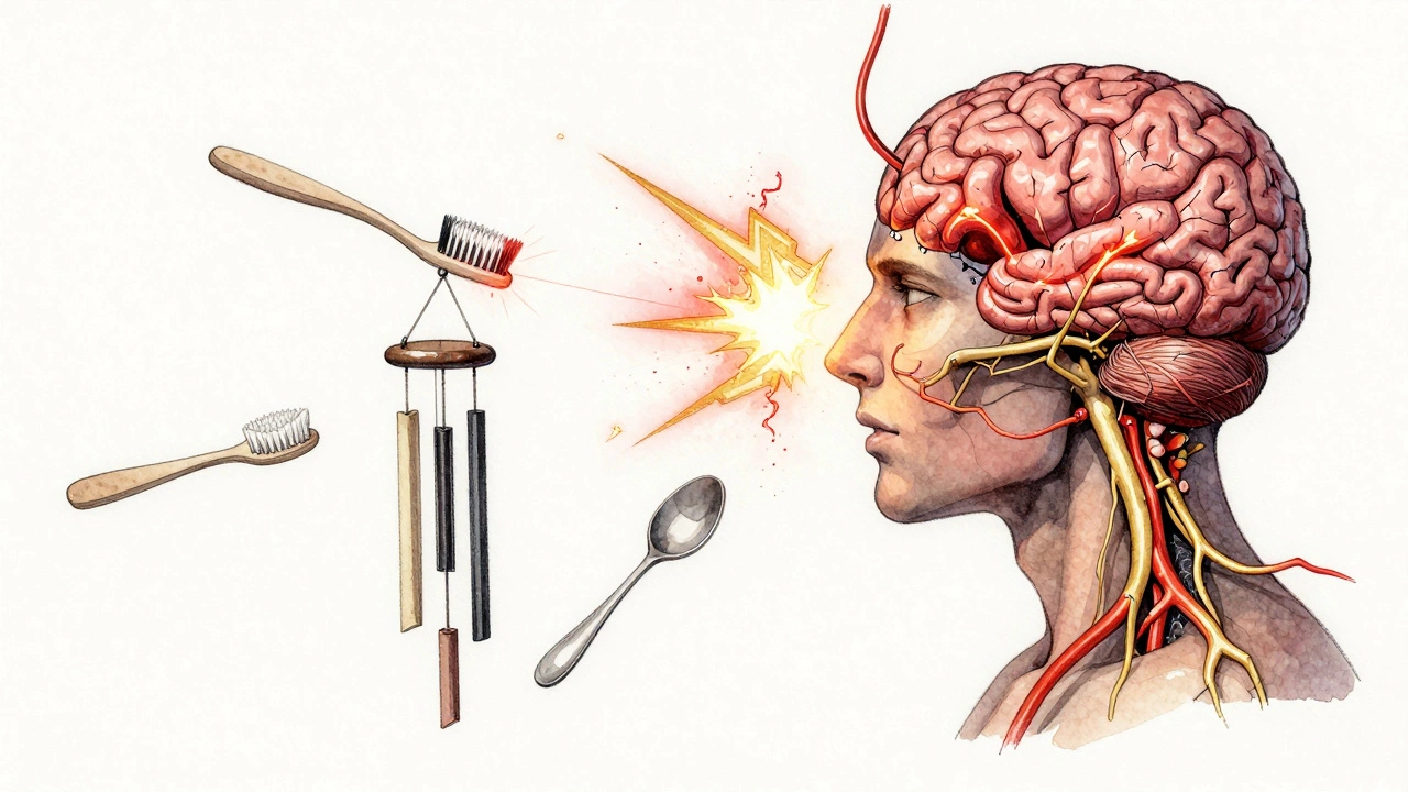 A surreal illustration of the trigeminal nerve with a blood vessel pressing against it, surrounded by everyday triggers.