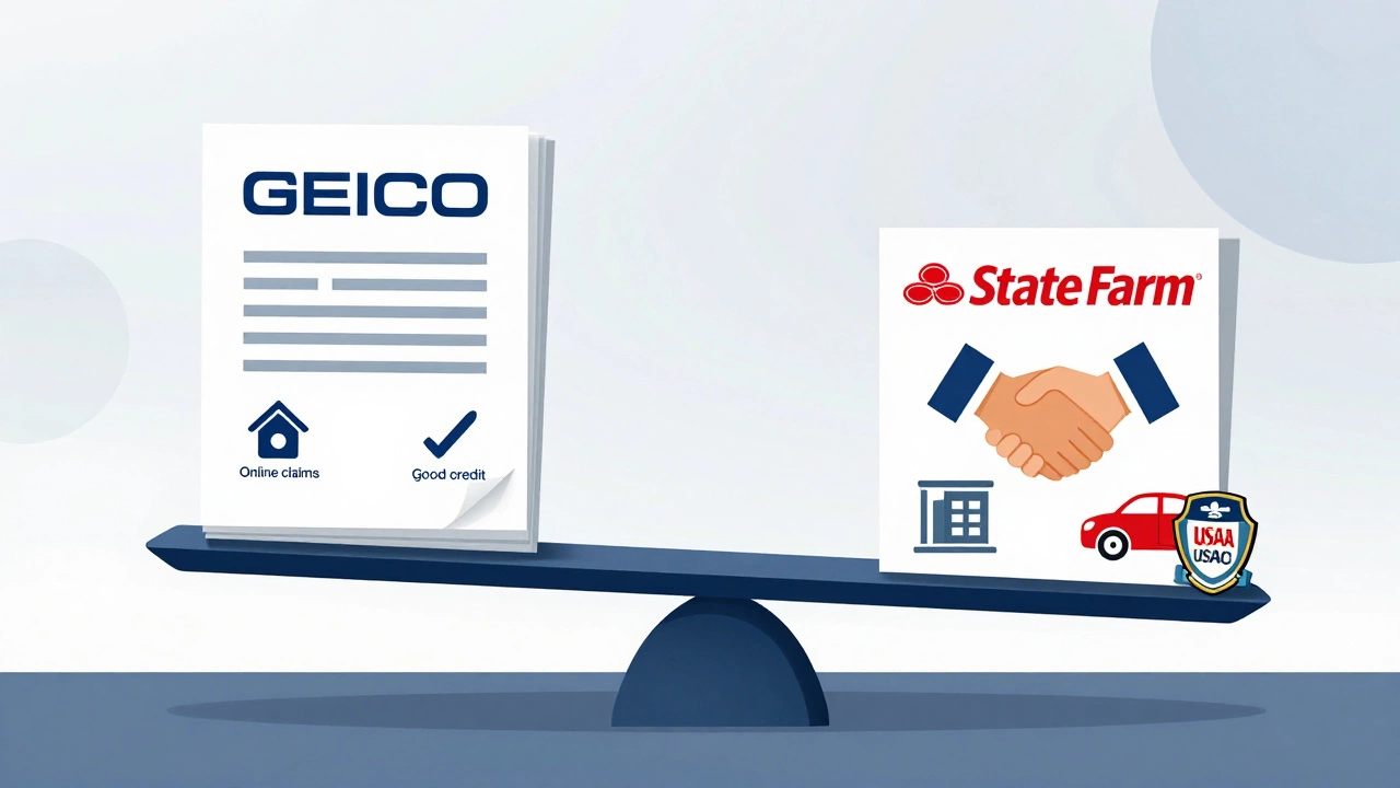A symbolic scale balancing GEICO's low-cost features against State Farm's personal service and USAA's military advantage.