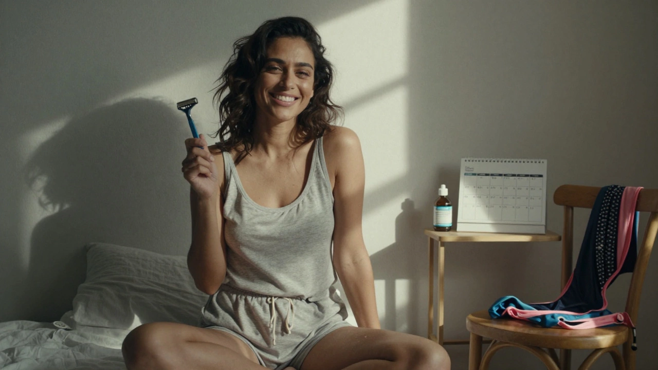 A woman smiling in a sunlit room with discarded razors and swimwear, symbolizing freedom from shaving.