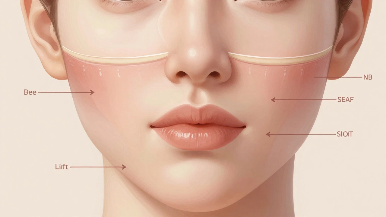 Anatomical illustration showing skin, fat pads, and SMAS layer being gently repositioned for a natural facelift.