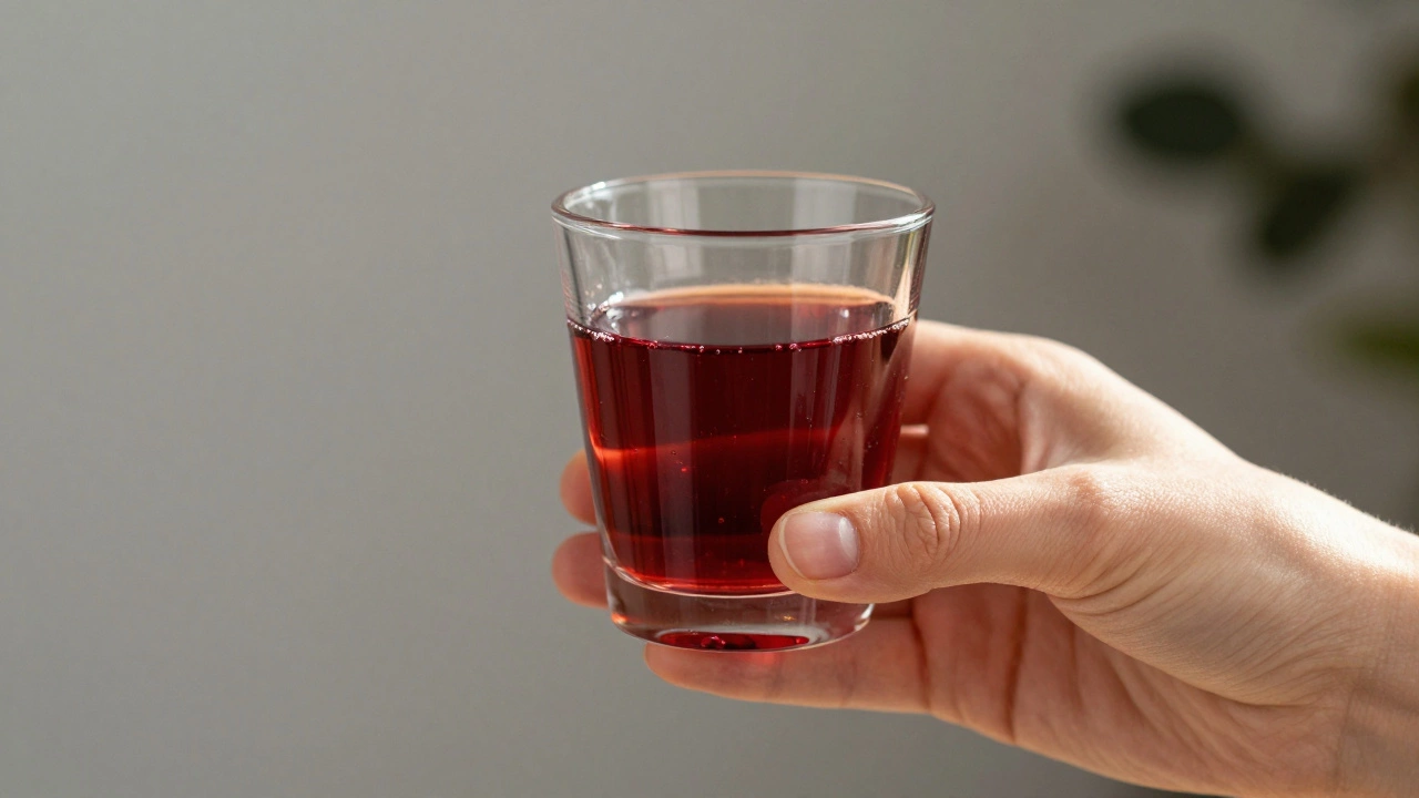 Close-up of hand holding pomegranate juice, glowing liquid highlighting improved skin elasticity.