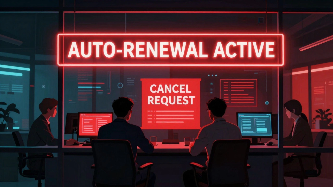 Corporate dashboard showing ignored cancellation requests while auto-renewal banners glow red in a digital office.