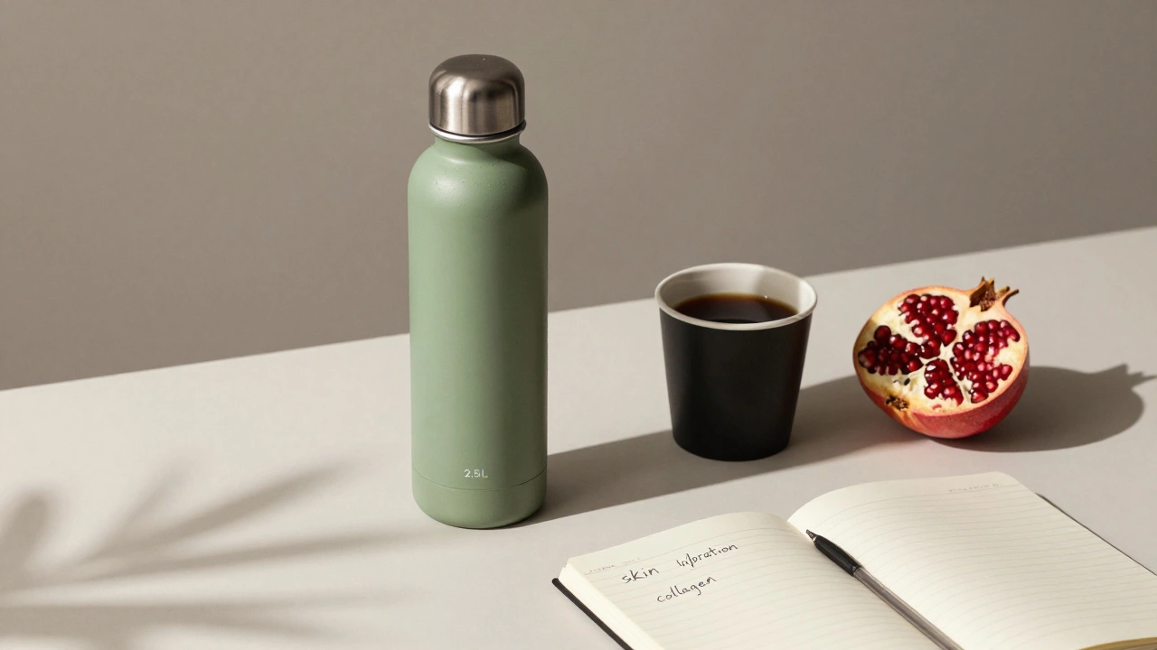 Minimalist desk with water bottle, black coffee, and half-eaten pomegranate beside health notes.