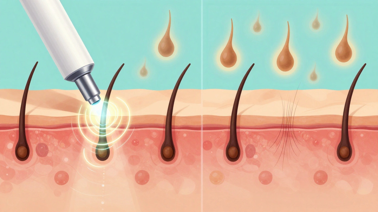 Scientific illustration showing laser energy targeting hair follicles and reduced regrowth over time.