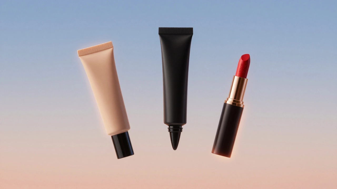 Three cosmetic tubes floating in a dreamy gradient background with colored halos.