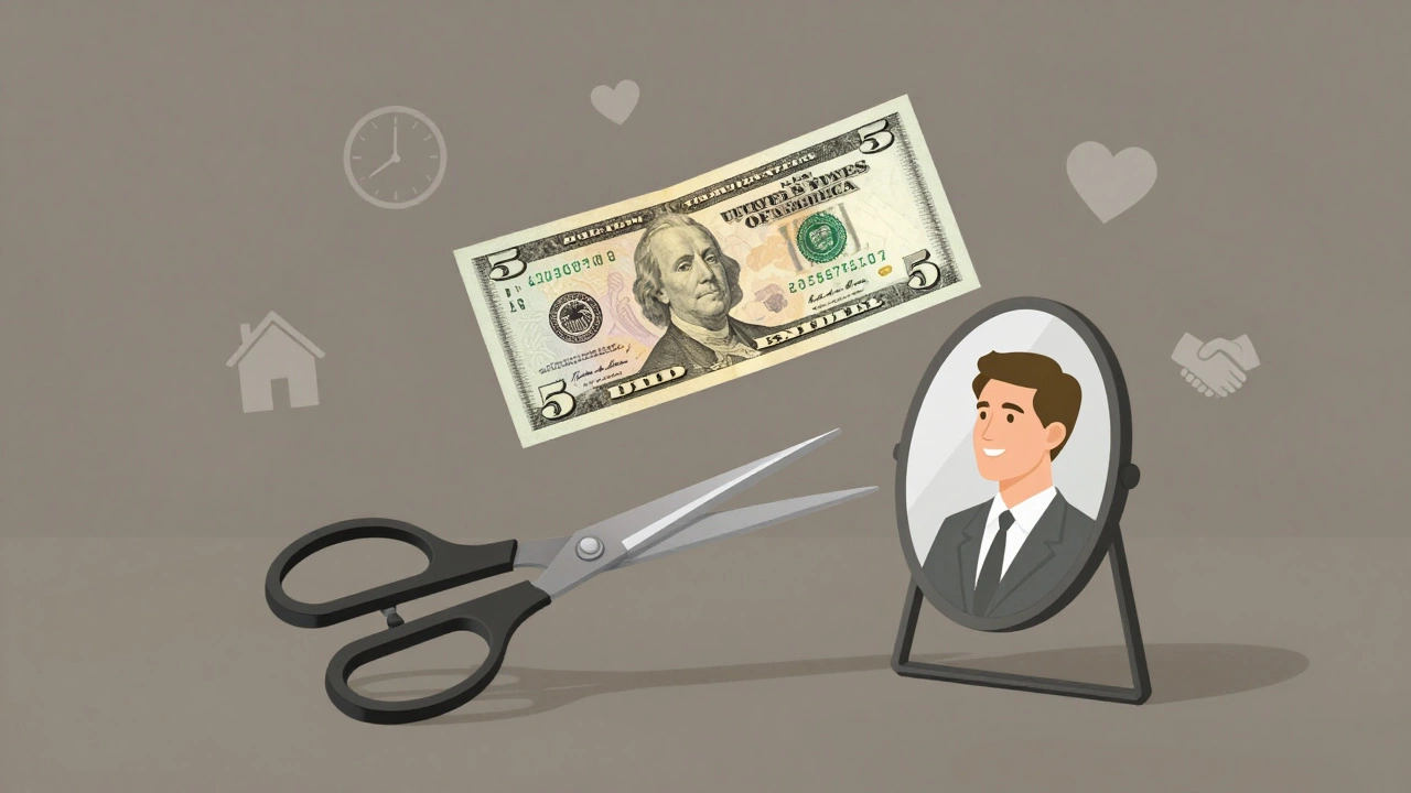 A  bill hovers above hairdressing tools and a mirror, surrounded by symbolic icons of time, care, and respect in minimalist style.