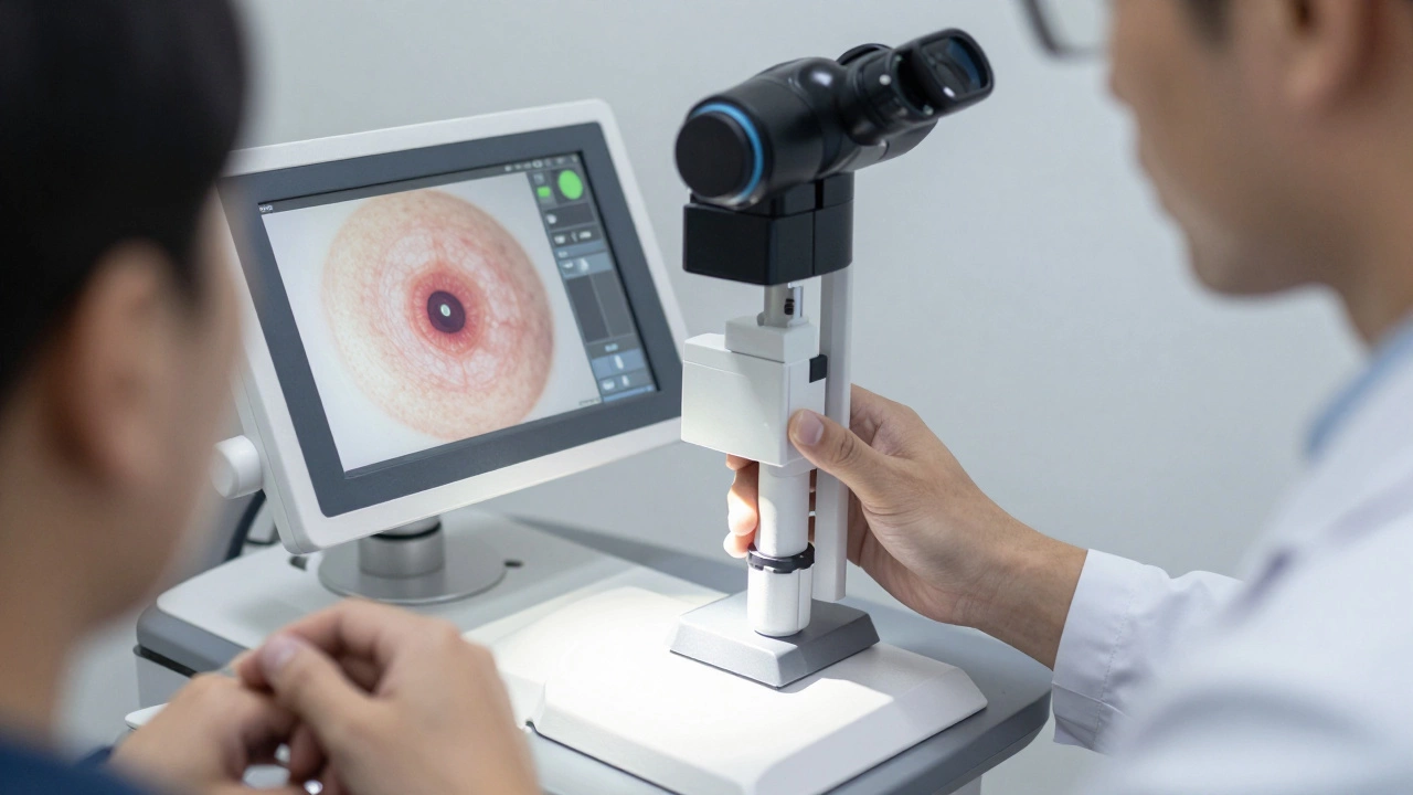 A dermatologist using a dermatoscope to closely examine a mole for signs of skin cancer.