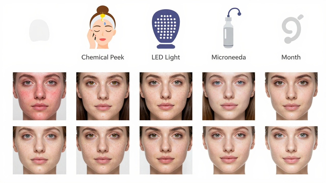 A monthly skin transformation calendar showing progressive improvement from facial treatments over six months.