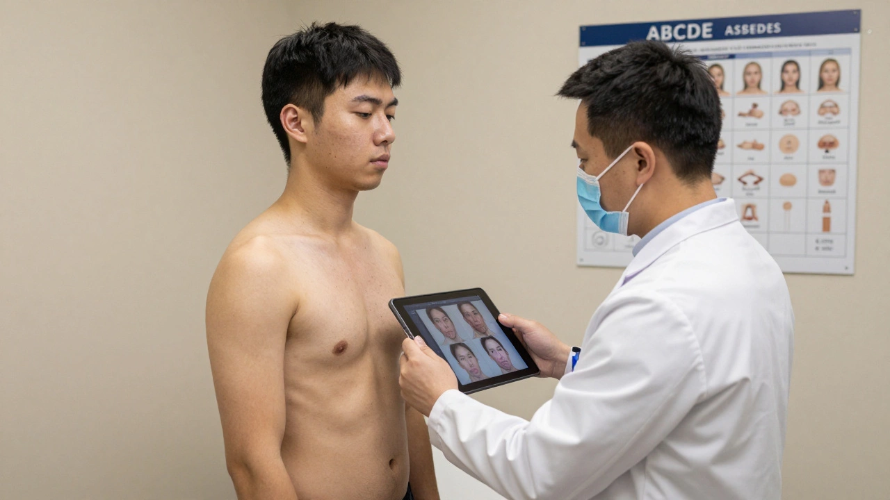 A patient undergoing a full-body skin check with a dermatologist reviewing digital images on a tablet.
