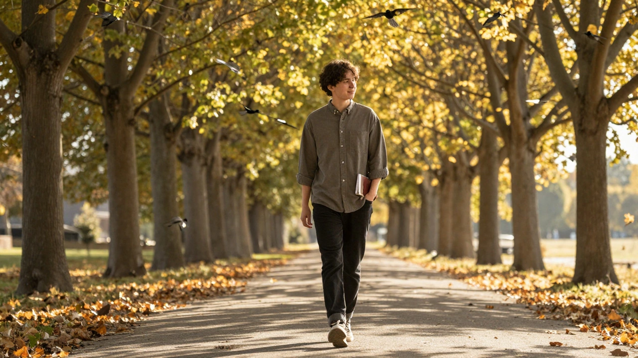 A person walking on a sunlit path through trees, hands at their sides, surrounded by natural light and falling leaves.