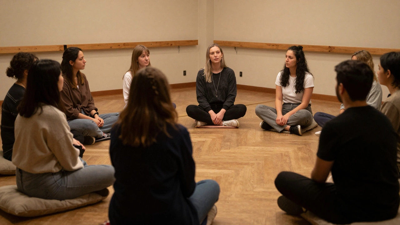 A small group of people sitting in a circle in a cozy room, softly lit, sharing space in quiet connection.