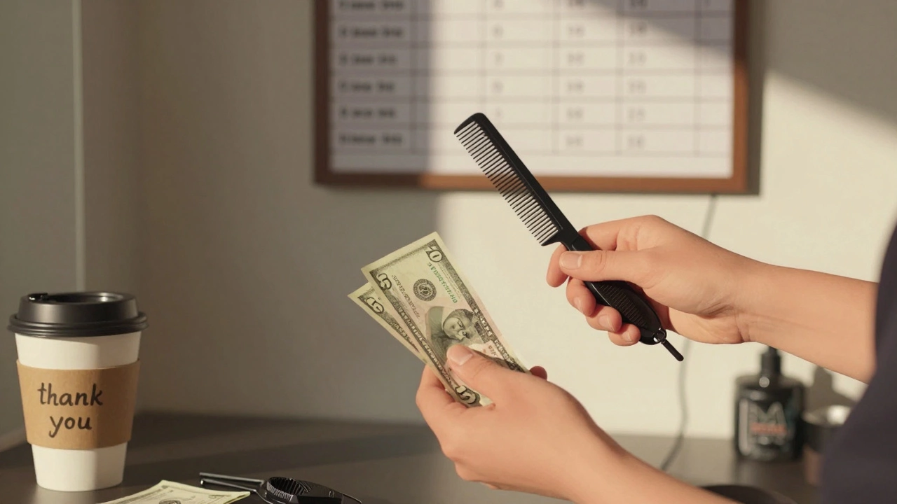 A stylist’s hands accepting a  bill, with a busy appointment board and coffee cup in the blurred background, symbolizing quiet appreciation.