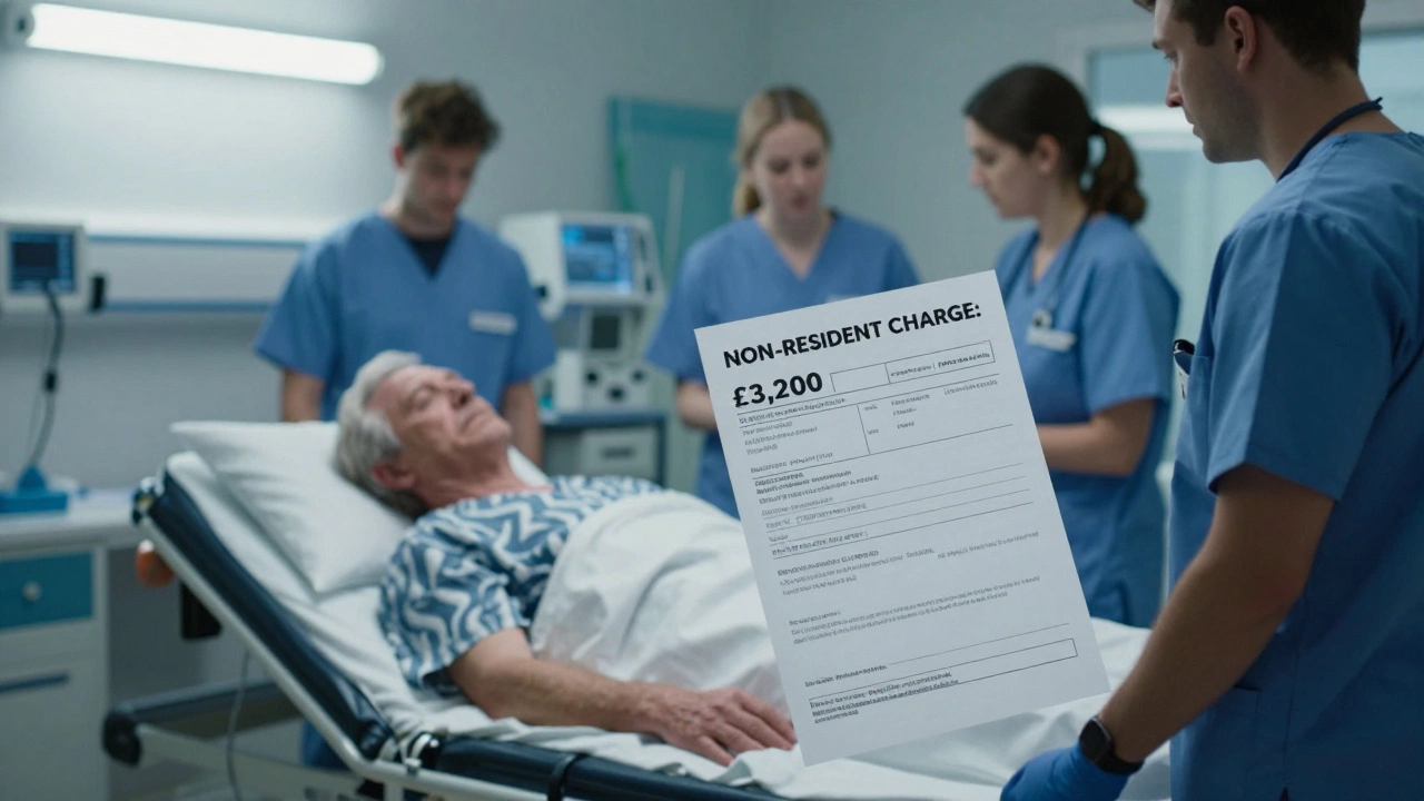 An elderly American man receiving emergency care in a London hospital with a large bill visible.