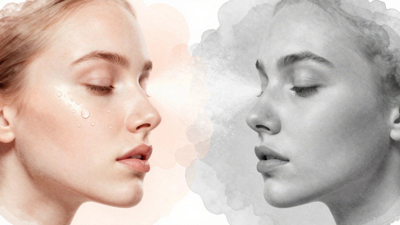 Concept art comparing dewy glass skin texture with smooth matte complexion finish.