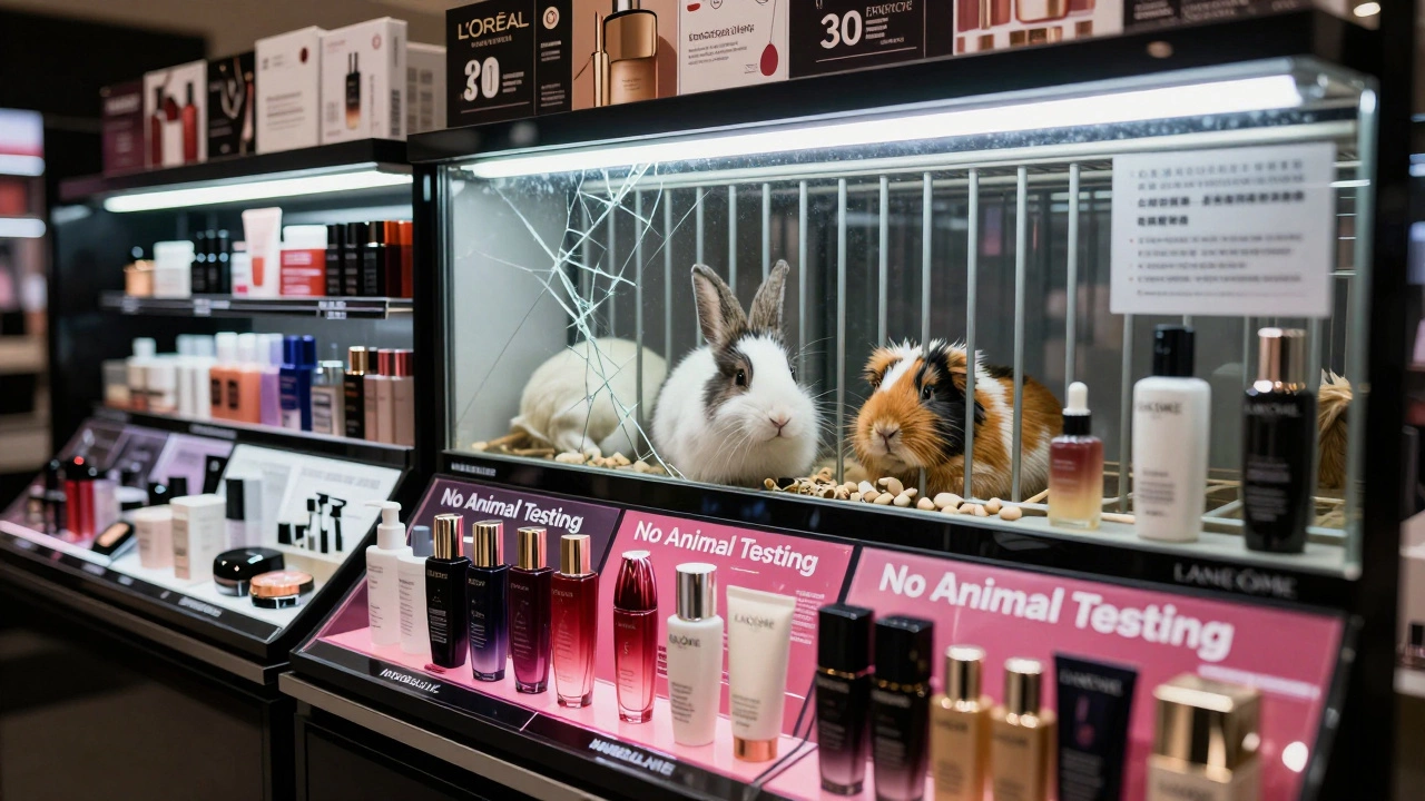 Cosmetics shelves with L'Oréal brands, behind which animals are seen in a lab, with Chinese regulatory signs visible.