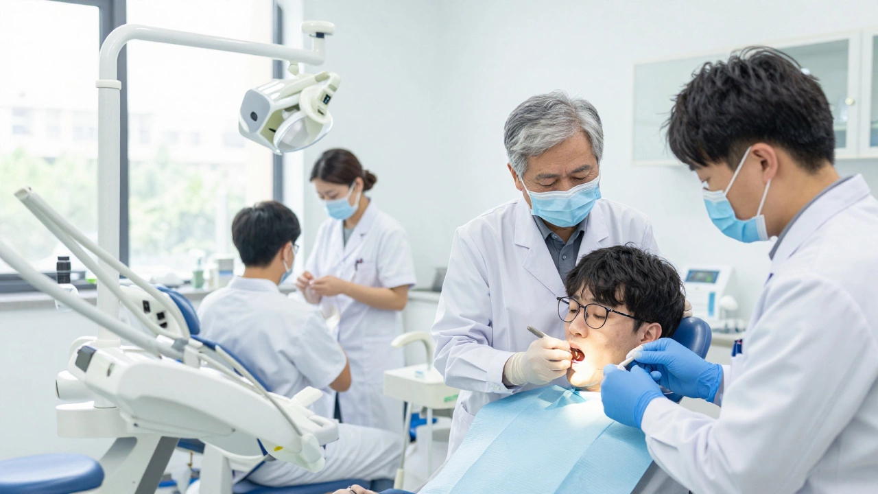 Dental students treating patients in a university teaching clinic