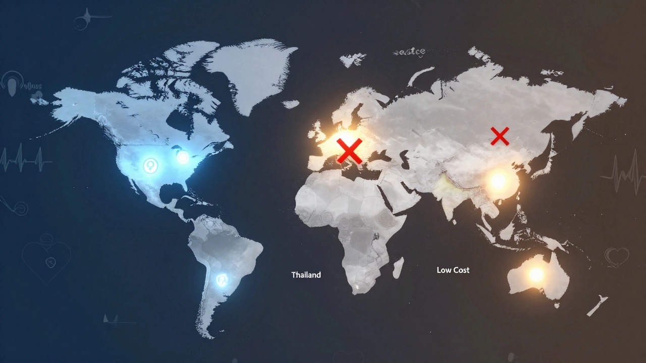 Global map showing countries with publicly funded reconstructive surgery, contrasted with commercial cosmetic surgery ads.