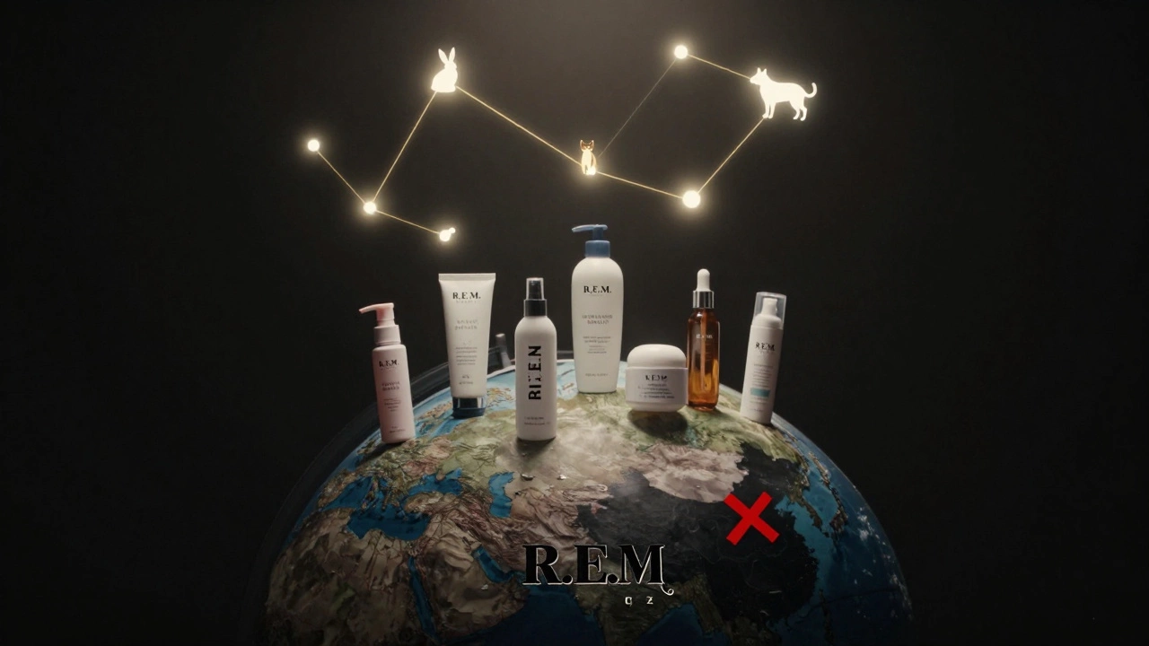 Globe showing R.E.M. Beauty markets with China marked X, surrounded by shining animal icons.