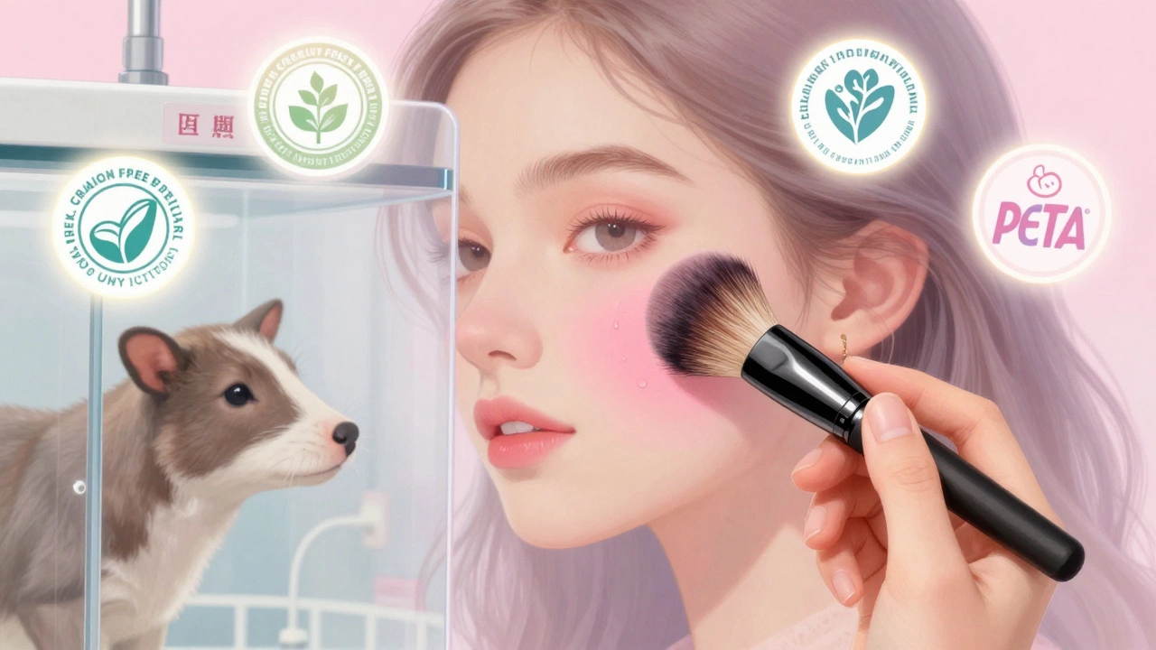 Hand applying vegan blush with synthetic brush as certification badges glow behind.