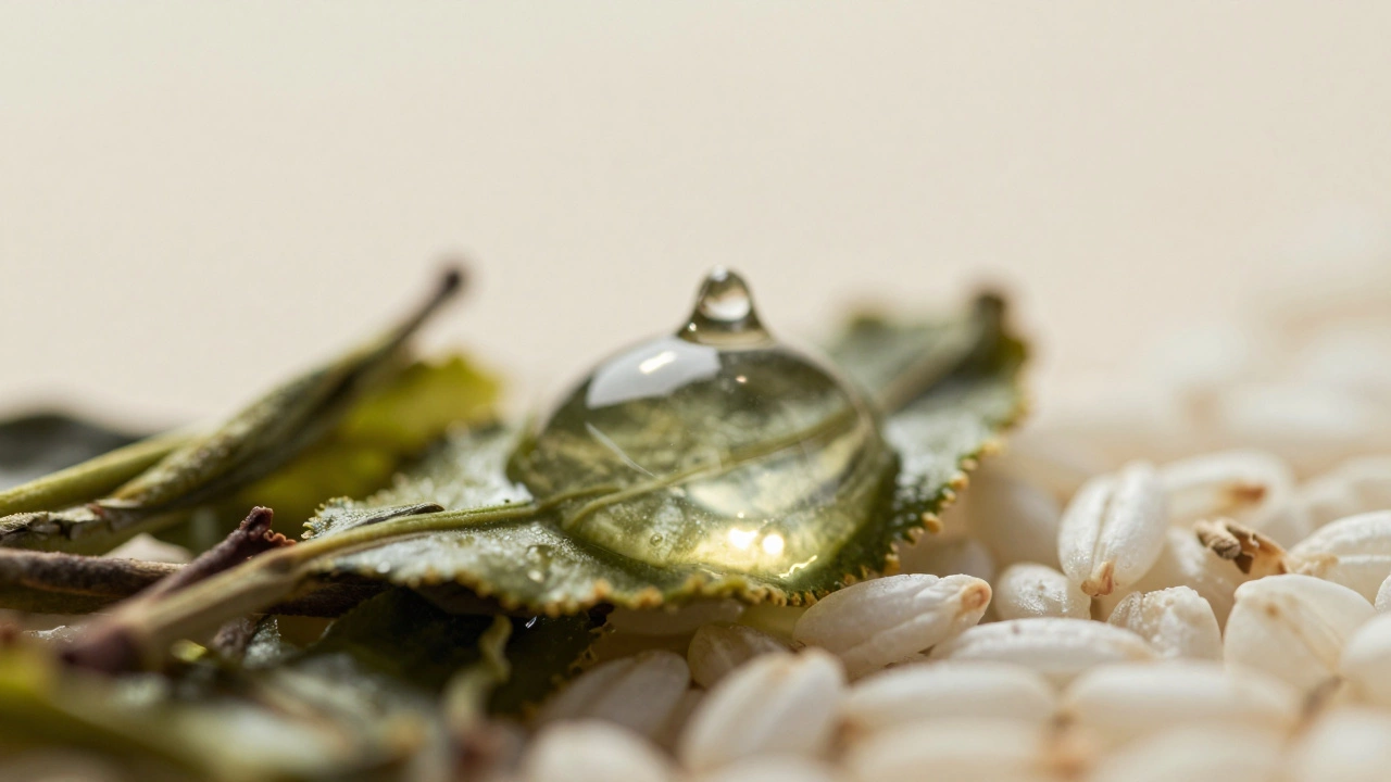 Macro shot of skincare textures including green tea leaves and clear essence drops.