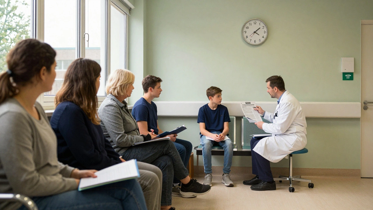 Patients waiting in a UK NHS waiting room with a clock showing 14-month wait for reconstructive surgery.