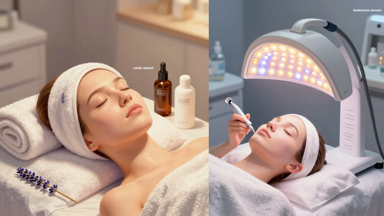 Side-by-side comparison of a luxury spa facial with gimmicky products versus a clinical treatment with proven active ingredients.