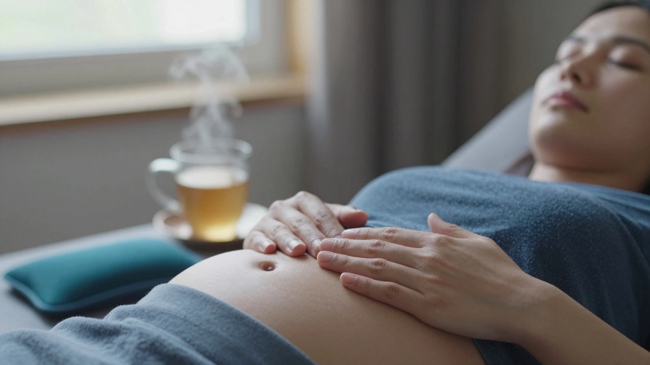 Someone practicing deep breathing with a heating pad nearby, focusing on calming the nervous system.