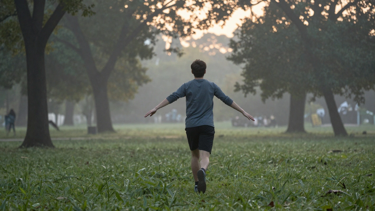 Someone walking peacefully in a park at dawn, symbolizing gentle exercise for nerve pain relief.