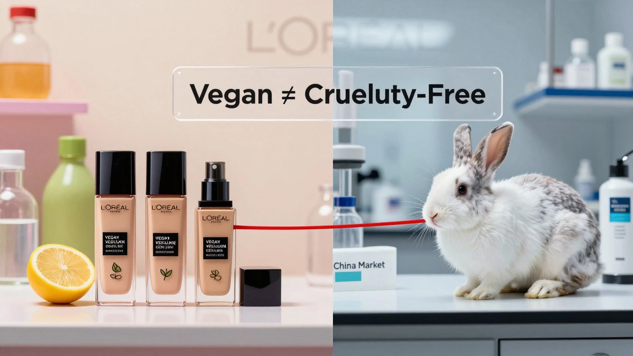 Split image: vegan makeup products on one side, animal testing on the other, connected by a label reading 'Vegan ≠ Cruelty-Free'.