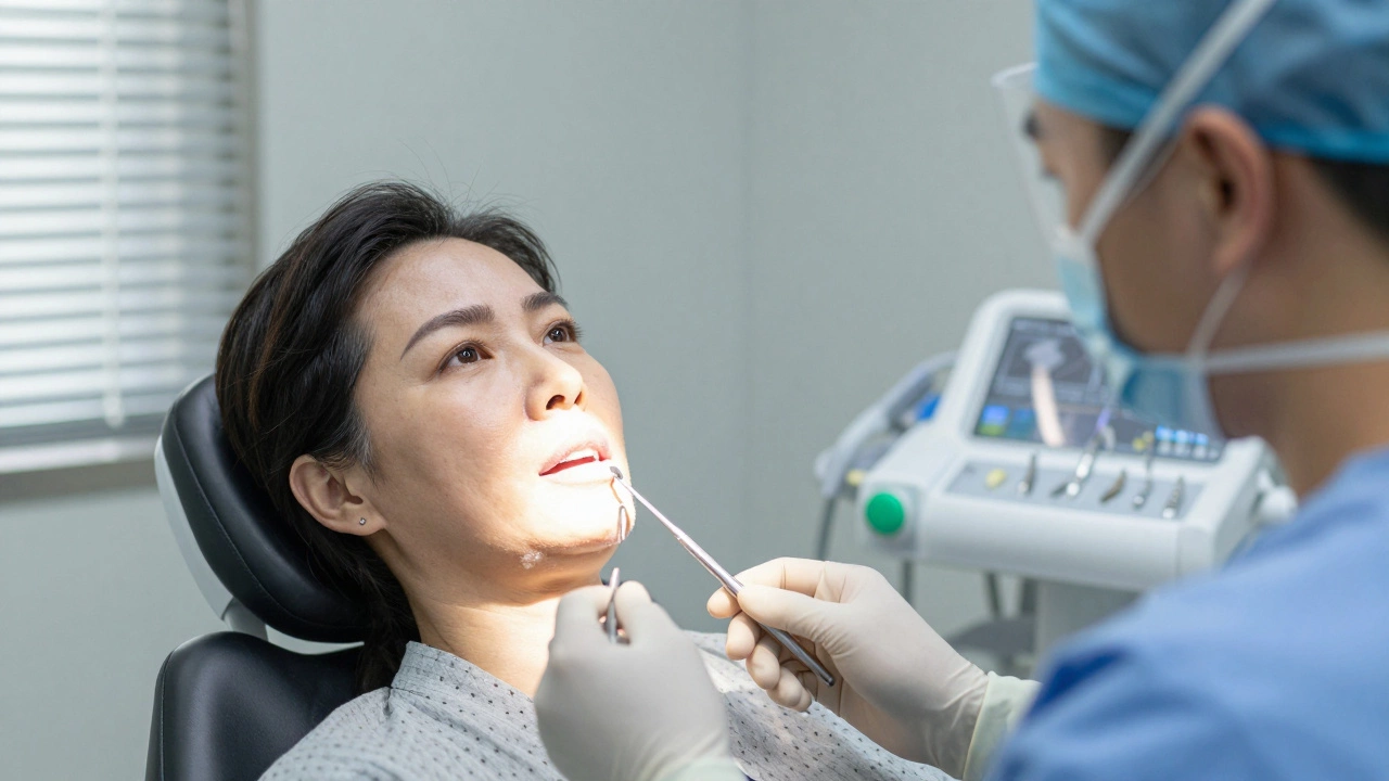 Surgeon consulting with a patient in an oral surgery clinic