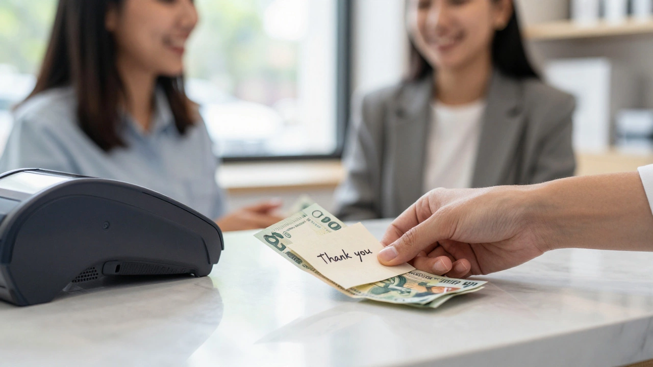 A close-up of a cash tip and thank you note next to a digital payment terminal.