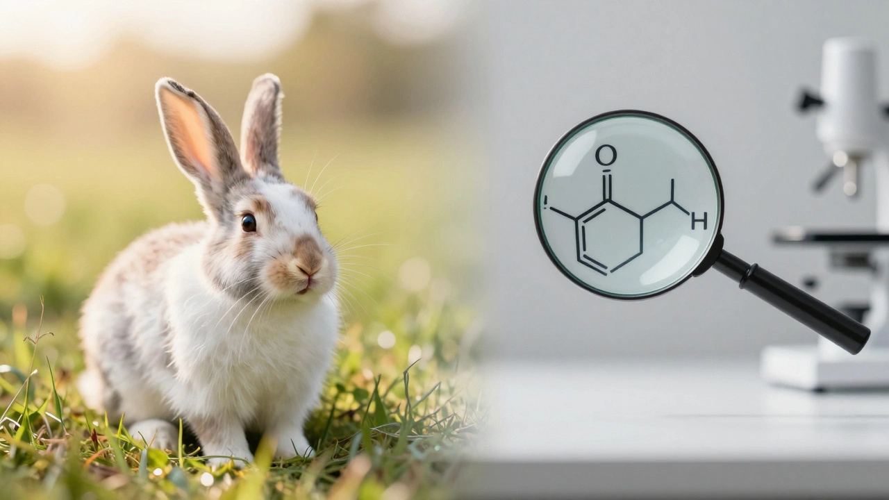 A conceptual split image comparing a rabbit in nature with a sterile laboratory setting.