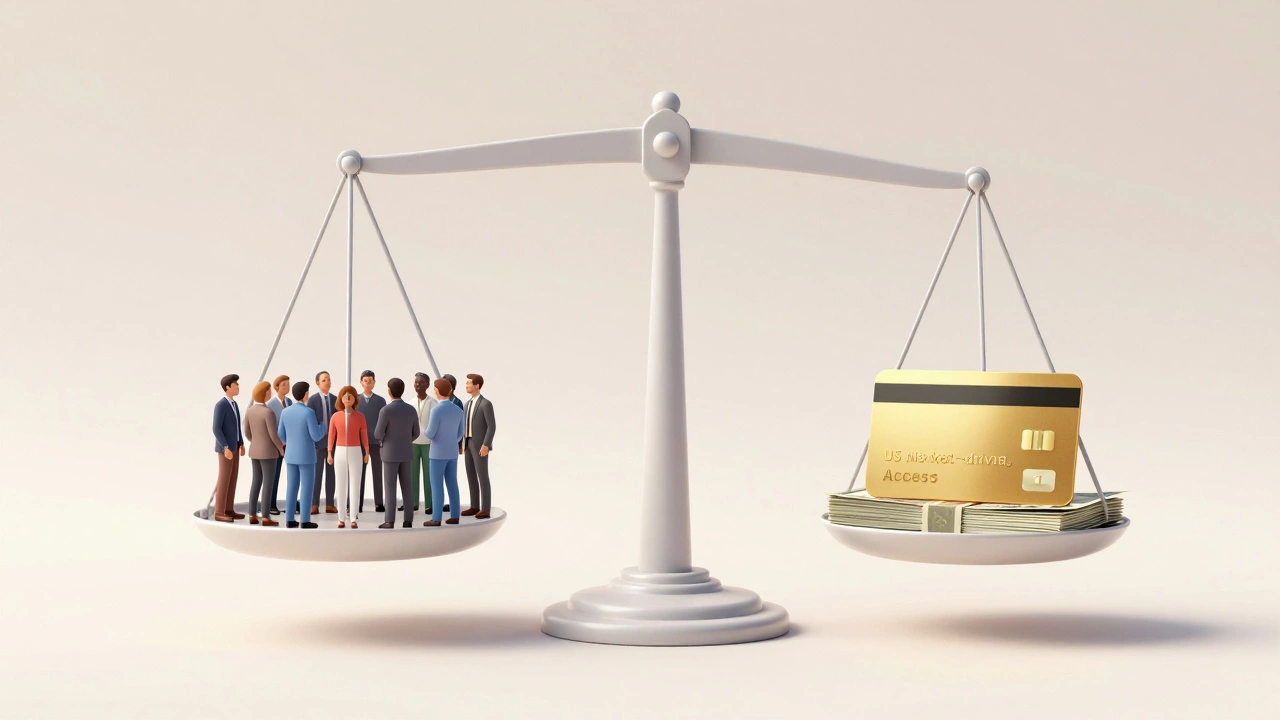 A scale balancing a diverse group of people against a golden insurance card and money.