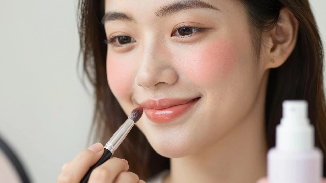 Close-up of a woman with peach blush and tinted lip balm for a fresh, glowing look