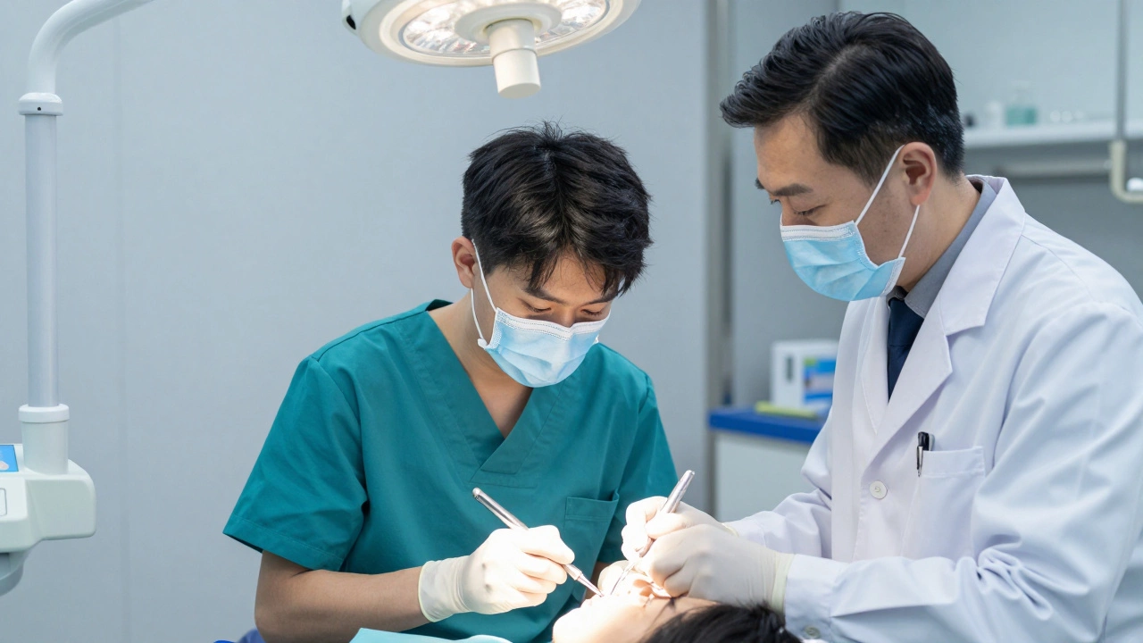 Dental student performing a procedure under the supervision of a professor