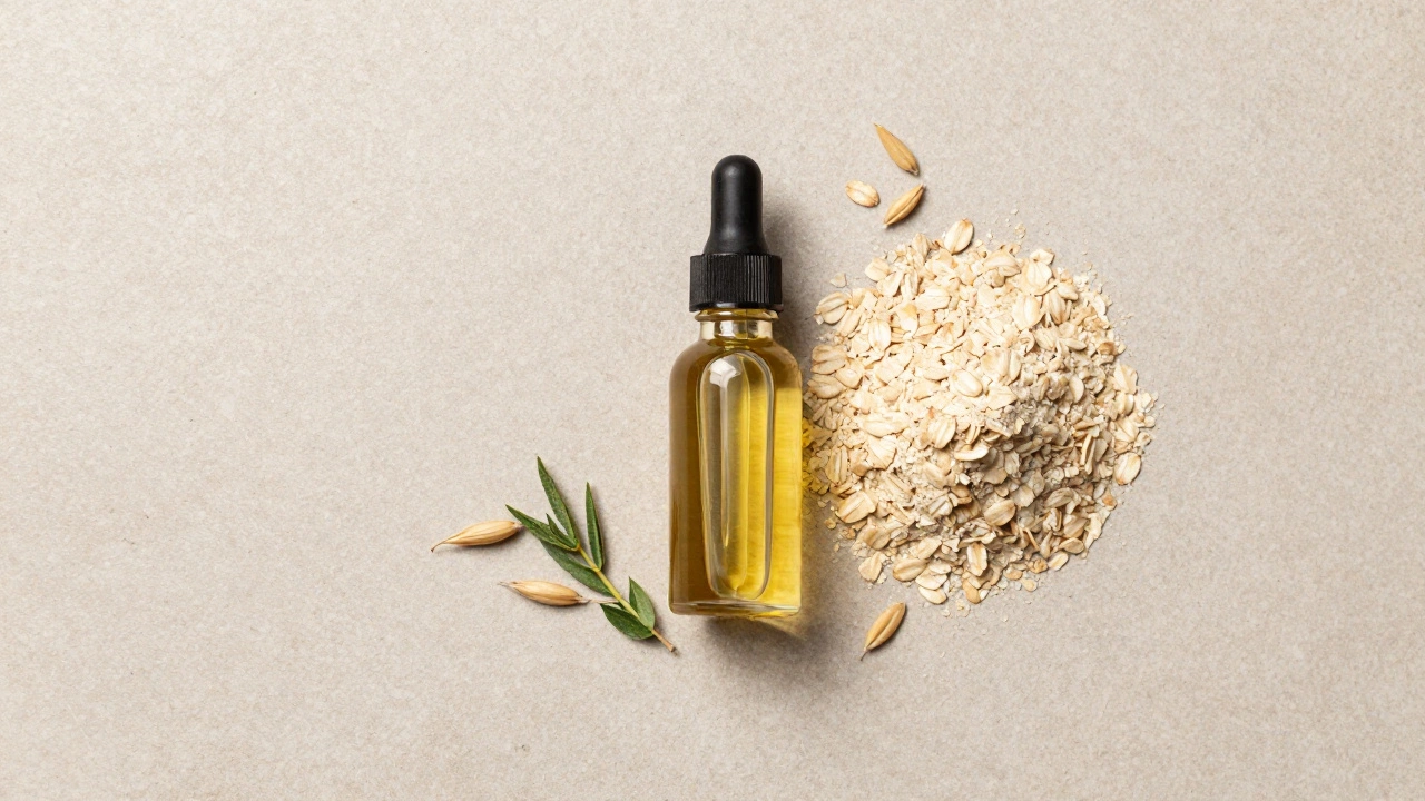 Flat lay of jojoba oil and colloidal oatmeal powder on a stone surface