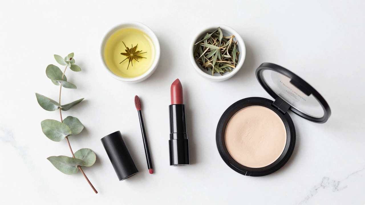 Flat lay of vegan makeup products and natural ingredients on a white marble background.