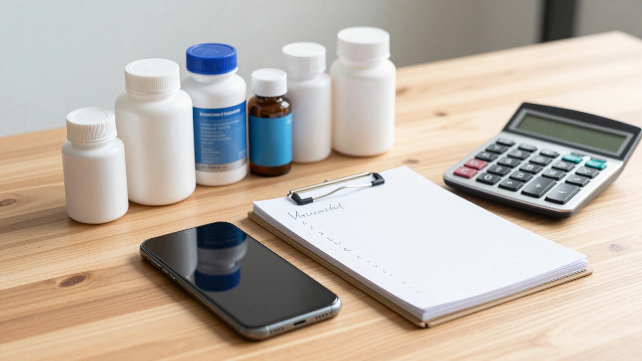 Generic medication bottles next to a smartphone and calculator for price comparison