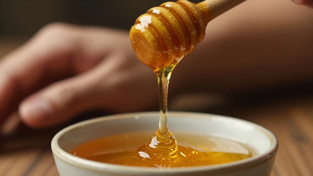 Golden raw honey dripping from a wooden dipper into a ceramic bowl