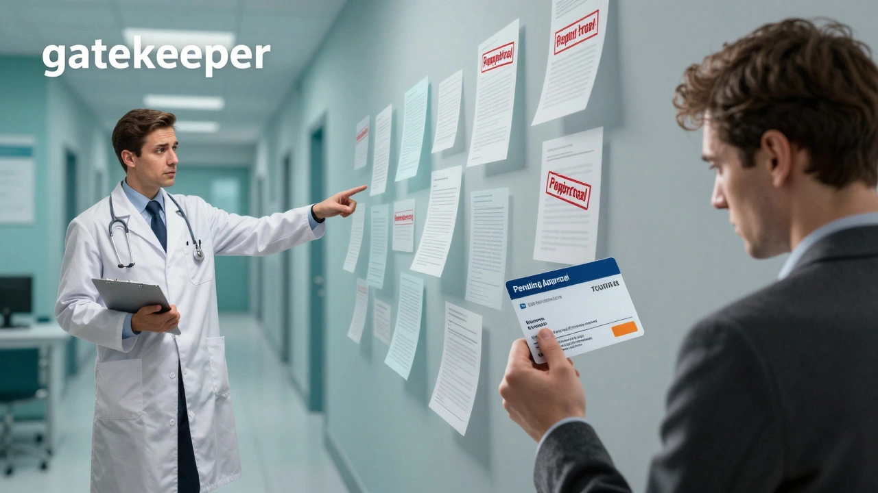 Illustration of a UK doctor as a guide versus a US patient facing insurance paperwork hurdles.