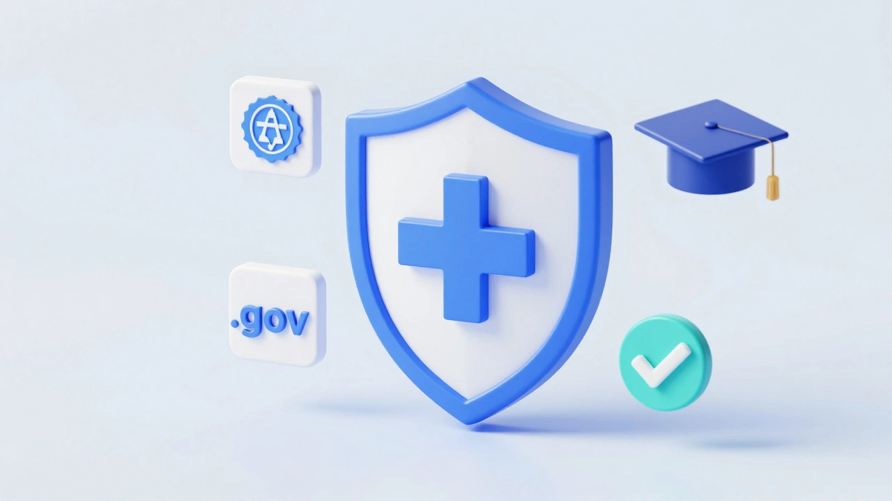 Isometric 3D illustration of a medical shield with government and academic trust symbols.