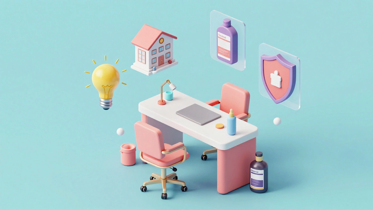 Isometric 3D illustration showing a salon workstation surrounded by business expense icons.