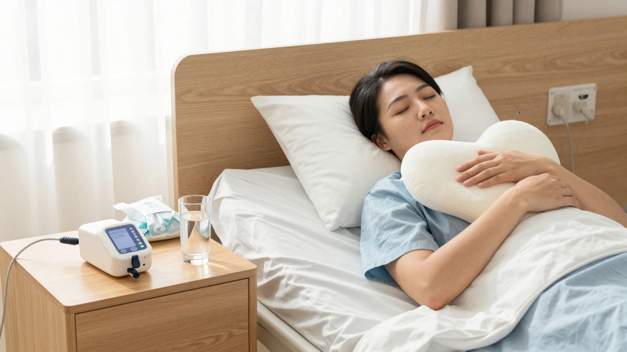 Patient recovering in a private clinic using a heart pillow and a pain management pump