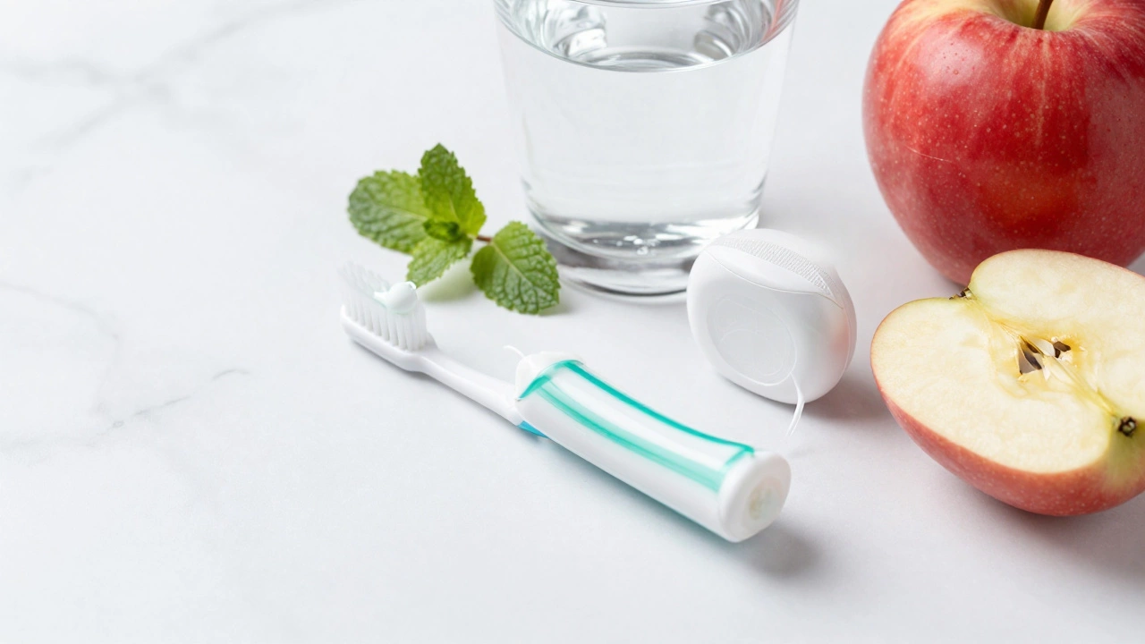 Toothbrush, toothpaste, and floss on a white surface for dental prevention