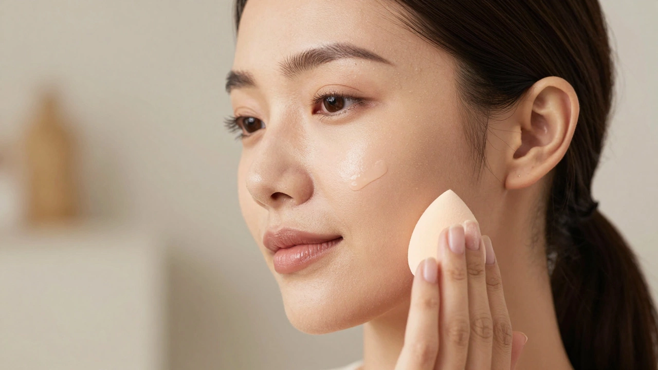 Woman using a beauty blender to apply a sheer BB cream for a natural skin finish