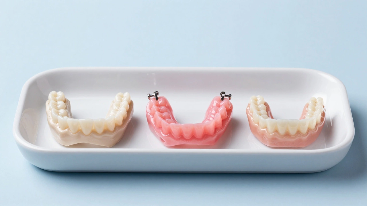 Close-up of dental bridge, partial denture, and resin bridge on a white tray