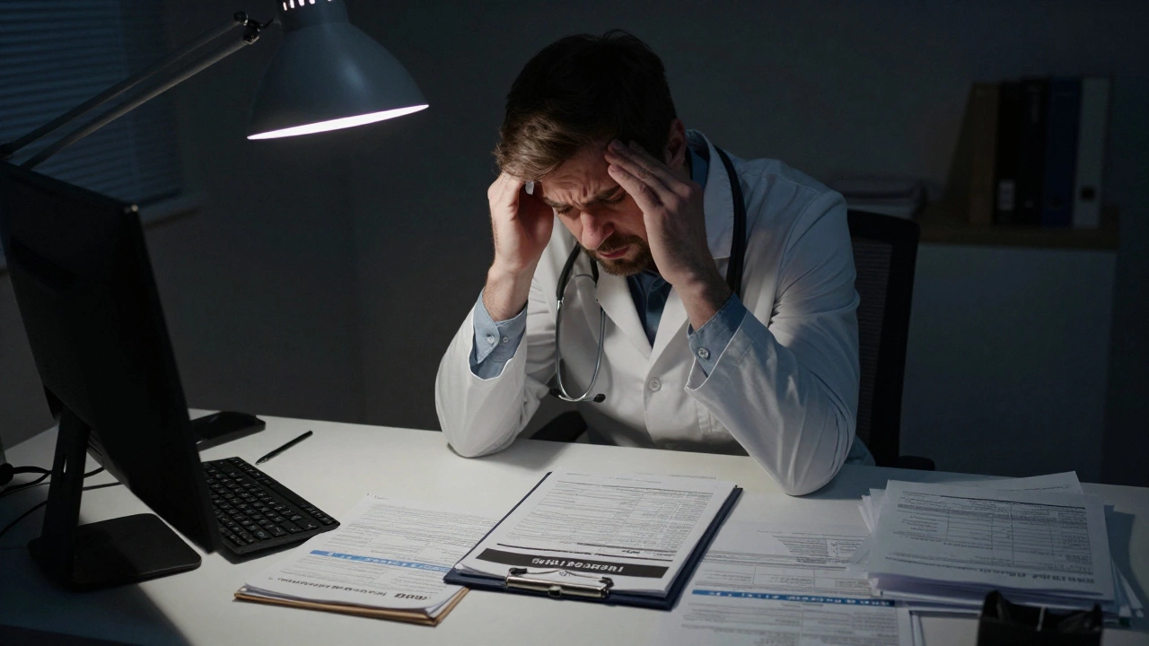 Exhausted doctor buried under insurance paperwork and billing forms