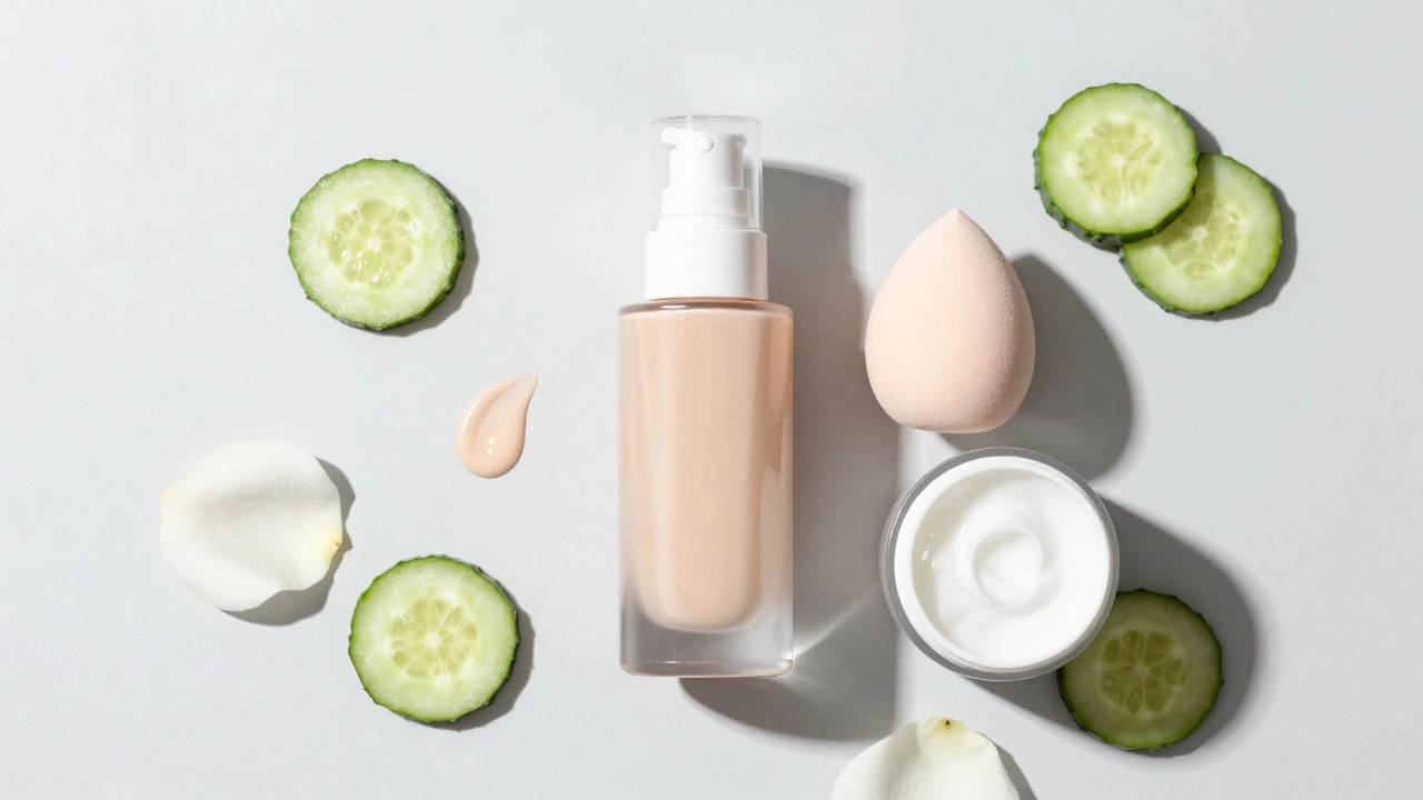 Flat lay of tinted moisturizer, beauty sponge, and hydrating skincare products on white background