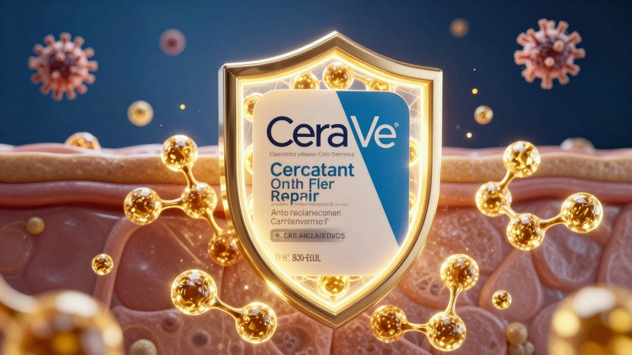 Golden ceramide molecules forming a protective skin barrier shield